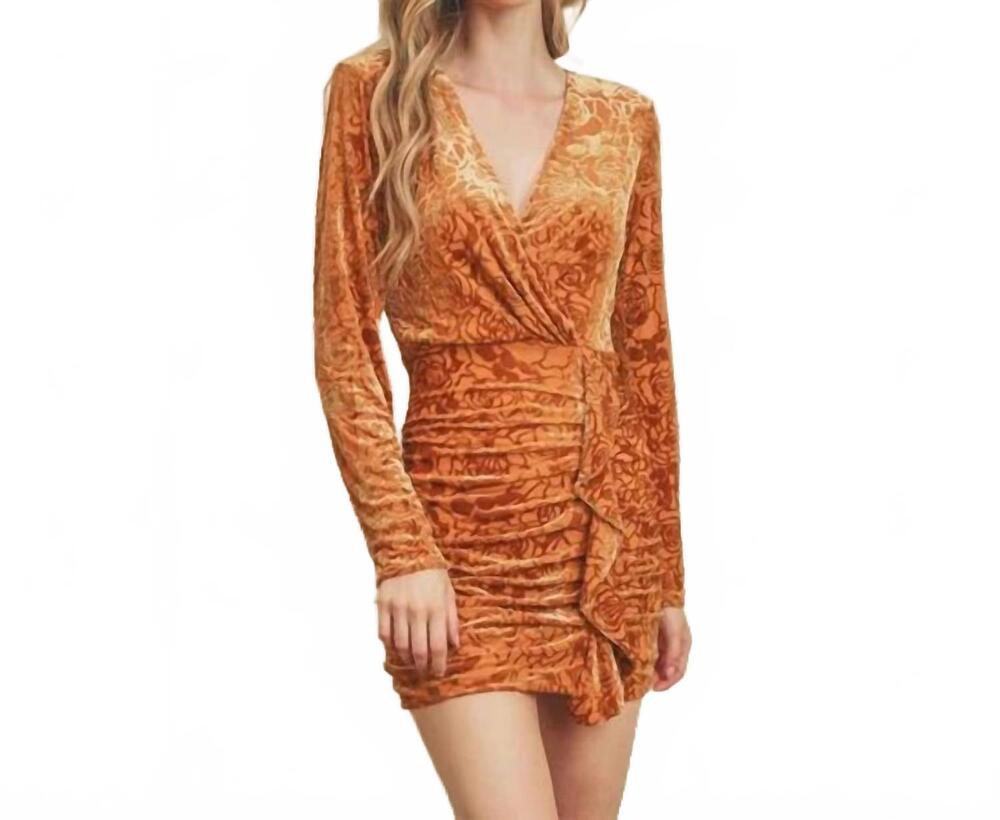 NEW DRESS FORUM velvet burnout ruched mini dress in golden ochre